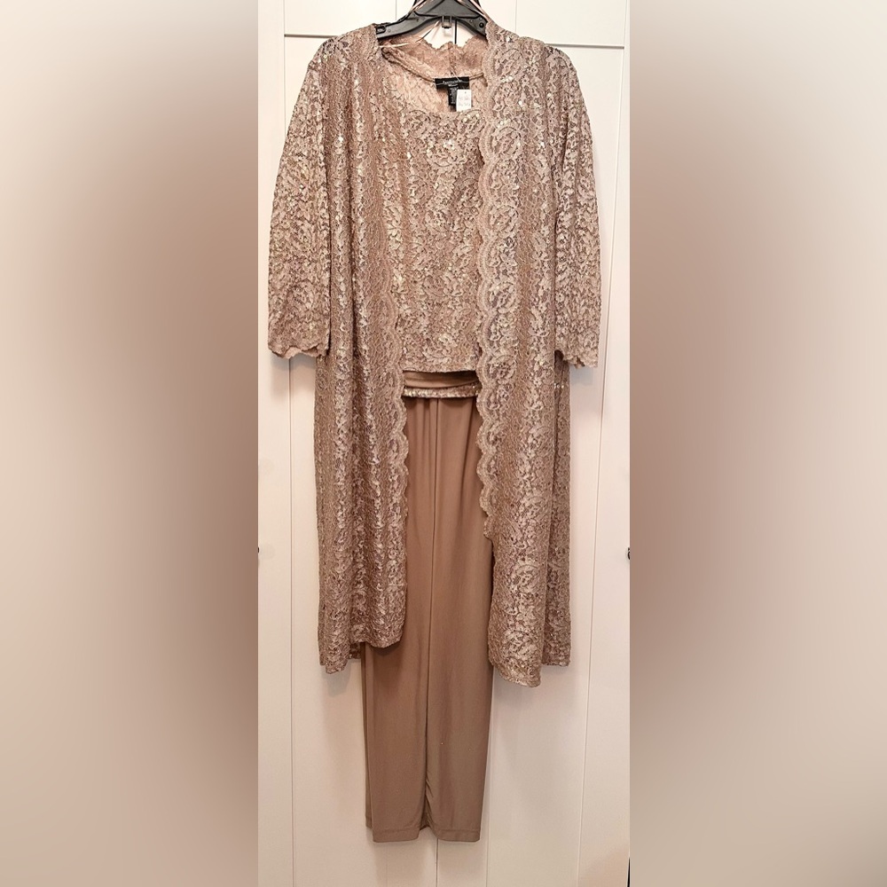Wedding Guest Suit Set In Champagne Lace & Sequin Jacket & Tank 3 Pc Sz 14W NEW!